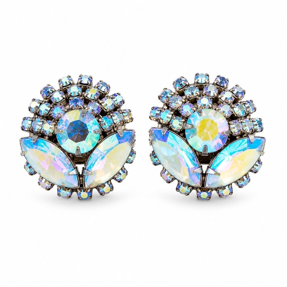 Hattie Carnegie Aurora Borealis Floral Clip On Earrings Gold Tone Vintage